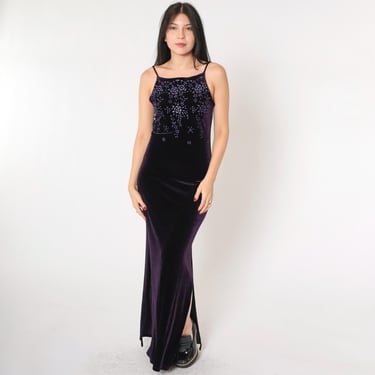 Vintage Purple Velvet Dress 90s Glitter Floral Maxi Party Spaghetti Strap Sparkly Side Slit 1990s Goth Cocktail Small Medium 