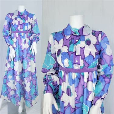 1970's Pastel Blue Large Bold Floral Print Empire Waist Maxi Dress I Sz Sm I Smocked Bodice 