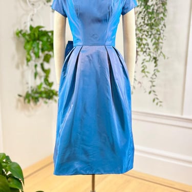 Vintage 1950s Party Dress | 50s Iridescent Blue Taffeta Cocktail Bridesmaid Big Bow Fit and Flare Formal Evening Dress | x-small/small 