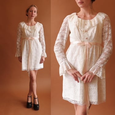 Vintage 60s White Lace Mini Dress with Rhinestone Buttons and Bow/ 1960s 1970s Mod 