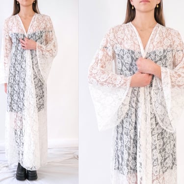 Vintage 70s Glydons Ivory Floral Lace Peignoir Duster w/ Bell Sleeves | Made in Hollywood USA | 1970s Designer Ethereal Fairy Sleeve Robe 