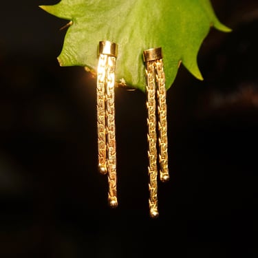 Vintage 14K Gold Virola Chain Tassel Earrings W/ Push Backs, Pierced 2-Strand Dangle Earrings, Half Anchor Links, 585 Jewelry, 1 3/8&amp;quot; L 