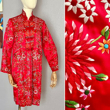 Silk Embroidered Kimono, Asian A-Line Robe, Dress, Evening Coat, High Collar, Vintage 