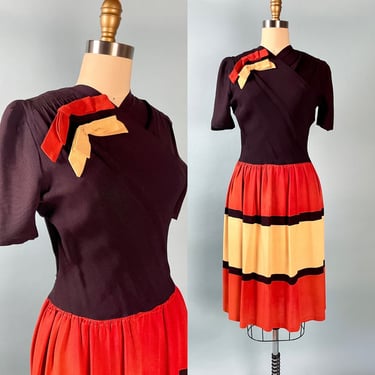 VINTAGE 1940s Color Block n' Bows Swing Rayon Dress 