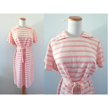 60s Day Dress Pink Striped Midi Belted Sixties 1960s Shift Large 