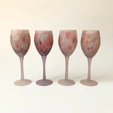 Vintage Hand Painted Art Glass Wine Glasses - Set of 4 