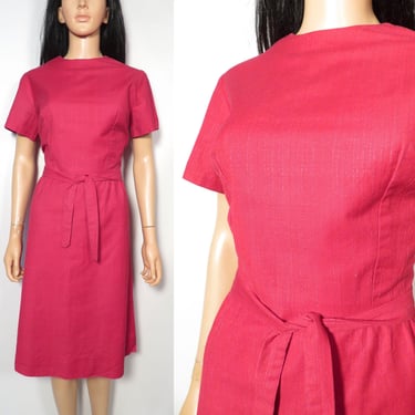 Vintage 60s/70s Cranberry Linen Feel Textured Cotton Dress Size S/M 