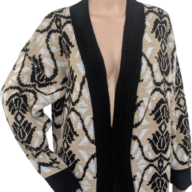 80s Open Front Sweater Beige Black Acrylic Cardigan M By Bedford Fair