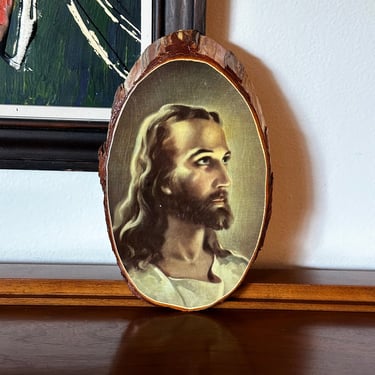Vintage Warner Sallman “Jesus” Decoupage Wood Slice Plaque 