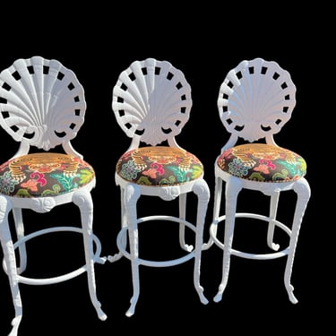 Gorgeous vintage shell back grotto style bar stools with all new upholstery 