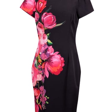 David Meister - Black w/ Pink Floral Print Sheath Dress Sz 12