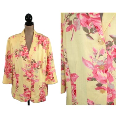 90s Rayon Linen Floral Jacket 2X, Yellow + Pink Roses, 3/4 Sleeve Blazer Spring Summer, 1990s Clothes Women, Vintage Plus Size 20 Emma James 