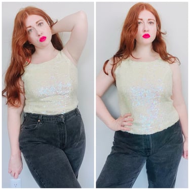 1990s Vintage Emily Spencer Cream Sequin Tank Top / 90s does 60s Sparkle Sleeveless Iridescent Sequined Silk Shirt / Size XL 
