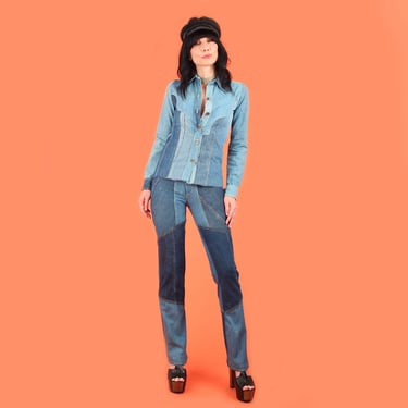 Vintage 70's Patchwork Denim Suit by French Dressing // Shirt + Jeans // Bell Bottoms Patched Denim Hippie Jeans 26 