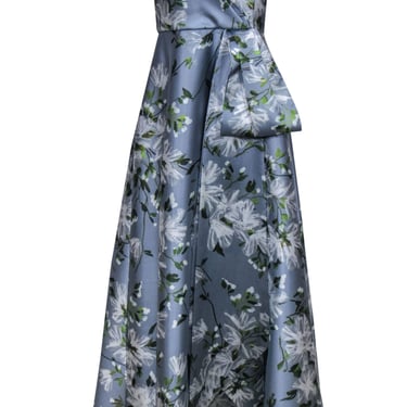 Theia - Light Blue, Green & White Floral Strapless Gown w/ Pleated Sash Sz 8