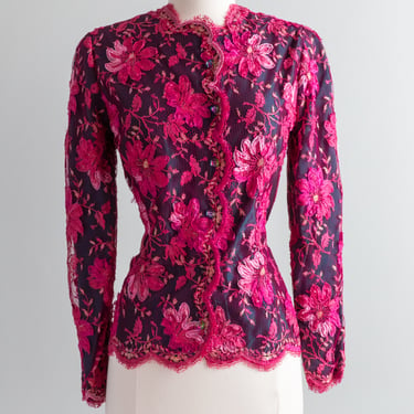 Vintage 1980's Couture Rose Lace Blouse Jacket / Medium