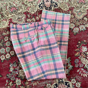 Vintage ‘80s POLO Ralph Lauren pink madras trousers | preppy mens pants, gender neutral, 34W x 30.5L 