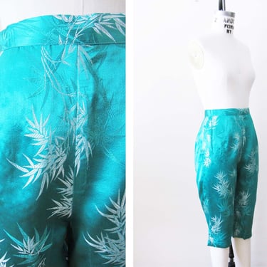 Vintage 60s Satin Chinoiserie Capri Pants 26 - 1960s Teal Green High Waist Asian Inspired Pedal Pushers - Rockabilly Clothing 