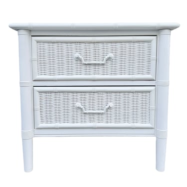 Vintage Rattan Nightstand by Dixie FREE SHIPPING - White Faux Bamboo Wood and Wicker Hollywood Regency Coastal Boho Chic Style Furniture 