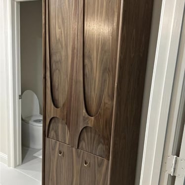 Brasilia Style Linen Cabinet – Tall Mid Century Walnut Storage Cabinet with Sculpted Doors 
