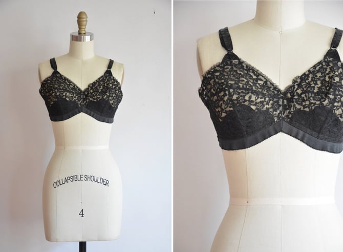50s Secret Seduction brassier / vintage 1950s black bra/ black lace vintage bra 