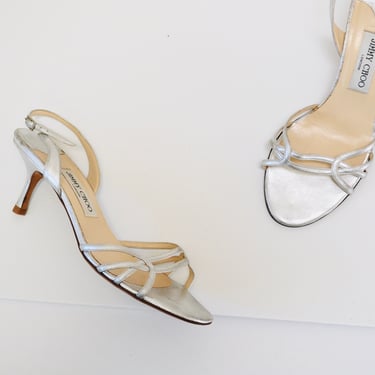 Vintage 00s Jimmy Choo Silver Leather High Heel Sandals Shoes 39 1/2 9 1/2 Silver Leather High Heels Sandals Wedding shoes Jimmy Choos 