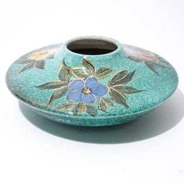 Midcentury Ceramic Vase, Turquoise Color with Flowers 