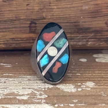 GRAPHIC SHAPES Vintage 70s Silver Multi-Stone Inlay Statement Ring | 1970s Navajo or Zuni | Native American Southwestern Jewelry | Size 10 