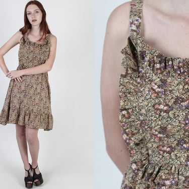 Vintage 70s Country Prairie Dress Brown Garden Floral Quilted Bib Sundress Mini Dress 