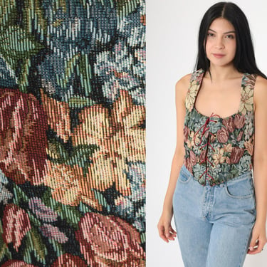 Vintage Tapestry Crop Top Floral Corset Top 90s Cropped Tank Top Lace Up Blouse Bustier Sleeveless Boho Renaissance 1990s Bohemian Medium 