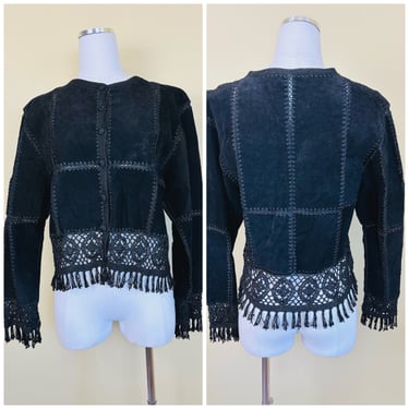 1990s Vintage Black Suede Crochet Top / 90s Fringe Western Leather Button Up Shirt / Size Medium 