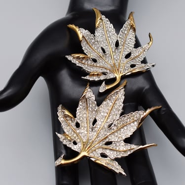 Rare 30s 40s Deja bling maple leaf fur clips, gold & silver plate pave crystal leaves early Reja dress clips 