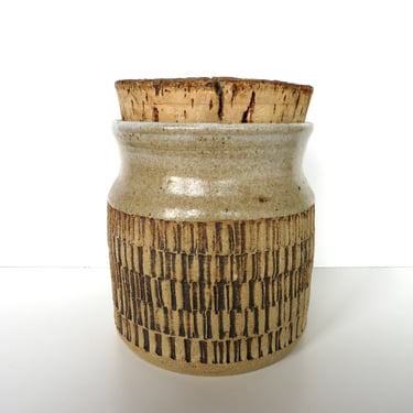 Large Studio Pottery Storage Jar With Cork, Signed Brutalist Sgraffito Pottery Canister 