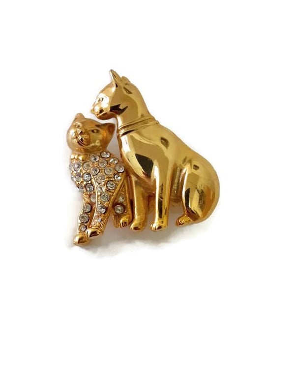 Two Gold Cats Pin - Encrusted Rhinestone Cat Brooch