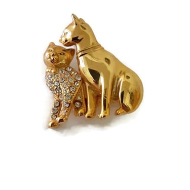 Two Gold Cats Pin - Encrusted Rhinestone Cat Brooch