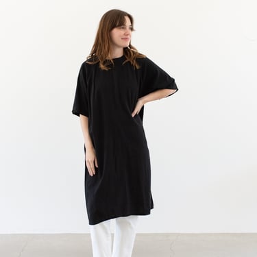 Vintage Black Short Sleeve Simple Dress Studio Tunic | Cotton Side Slit Painter Smock | M L | 