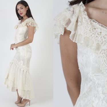 1980s Art Deco Loralie Lace Dress, See Through Sheer Ivory Wedding Gown, Romantic Hi Lo Hem Bridal Outfit 
