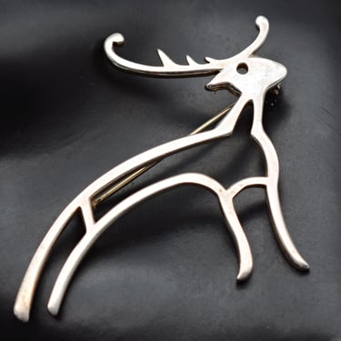 50's Modernist sterling reindeer brooch, abstract 925 silver geometric deer pin 