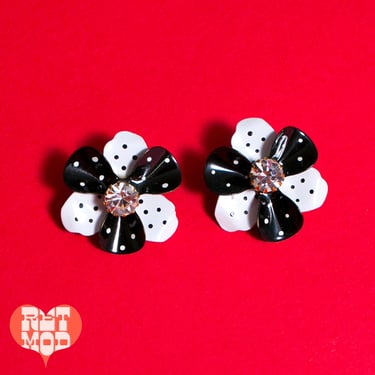 Lovely Vintage 60s Black White Polka Dot Enamel Flower Clip On Earrings with Rhinestones 