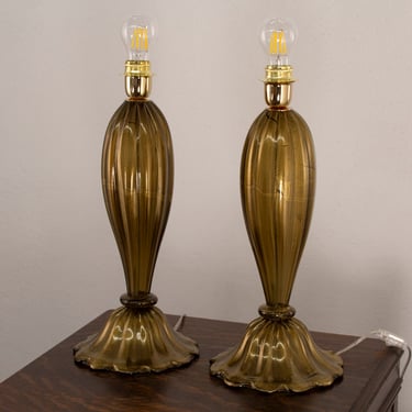 Set of 2 Murano blown glass table lamps moka brown and gold color, Made in Italy lighting design 