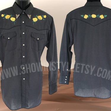 White Horse Vintage Retro Western Men's Cowboy Shirt, Charcoal Gray with Embroidered Yellow Roses, Approx. XL (see meas. photo) 