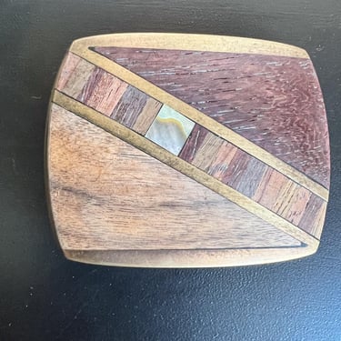 1970s Solid Bronze Belt Buckle Wood Abalone Inlay 