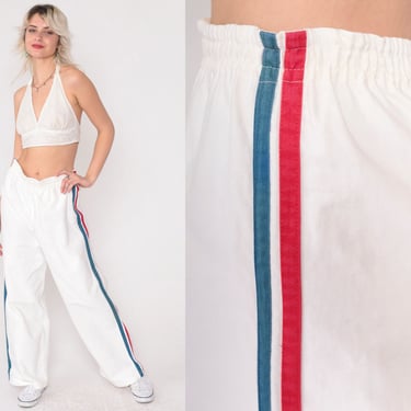 80s Track Pants White Striped Wide Leg Pants Old School Track Suit Gym Running 1980s Sports Vintage Retro Warm Up Blue Red Small Medium 