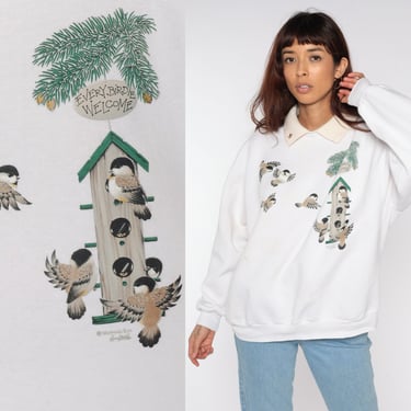 Bird Sweatshirt 90s Collared Sweatshirt Embroidered Animal Sweater Birdhouse Graphic Jumper Slouch Cute Grandma 1990s Kawaii Vintage 2XL XXL 