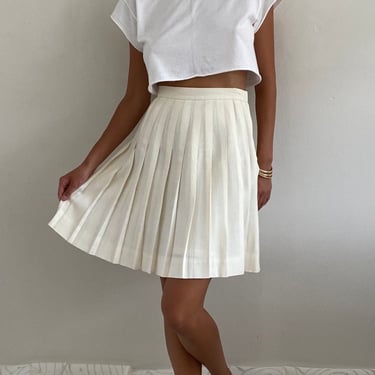 90s linen skirt / vintage white pleated linen mini skirt | Small 