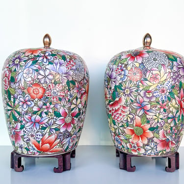 Pair of Colorful Floral Jars