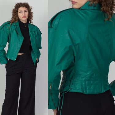 Vintage 80s Teal Green Leather Crop Jacket - Small | G-III Leather Cropped Motorcycle Biker Coat 