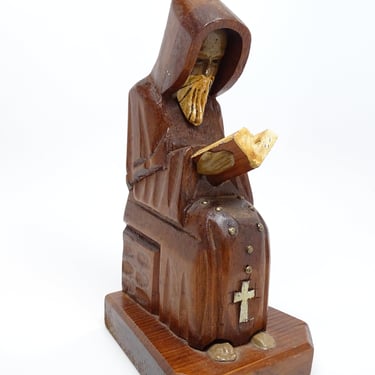 Vintage 1950's Hand Carved Wood Santos with Bible and Rosary, Vintage Primitive Mexican Folk Art Monk 