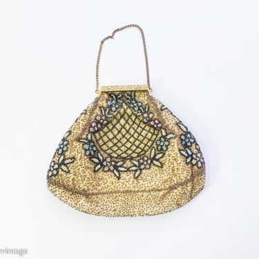 1930s Floral Beaded Handbag | 30s Gold Micro Beaded Handbag | France 
