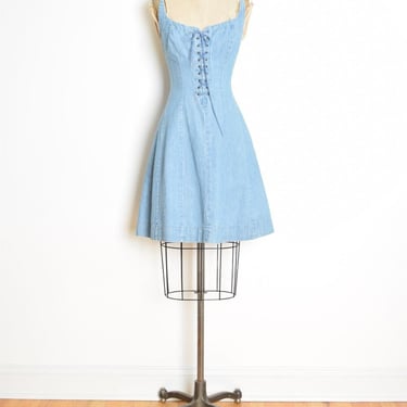 vintage 90s jean dress denim corset lacing short mini grunge blue sun dress M clothing 